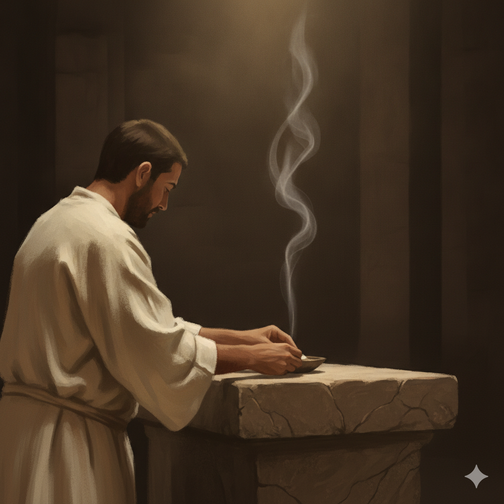 The linen-robed forearms and hands of a priest tending a low stone altar, placing an offering as a thin column of pale smoke rises into warm light, seen so that no face shows and no deity is depicted. A man set apart to serve at the altar.