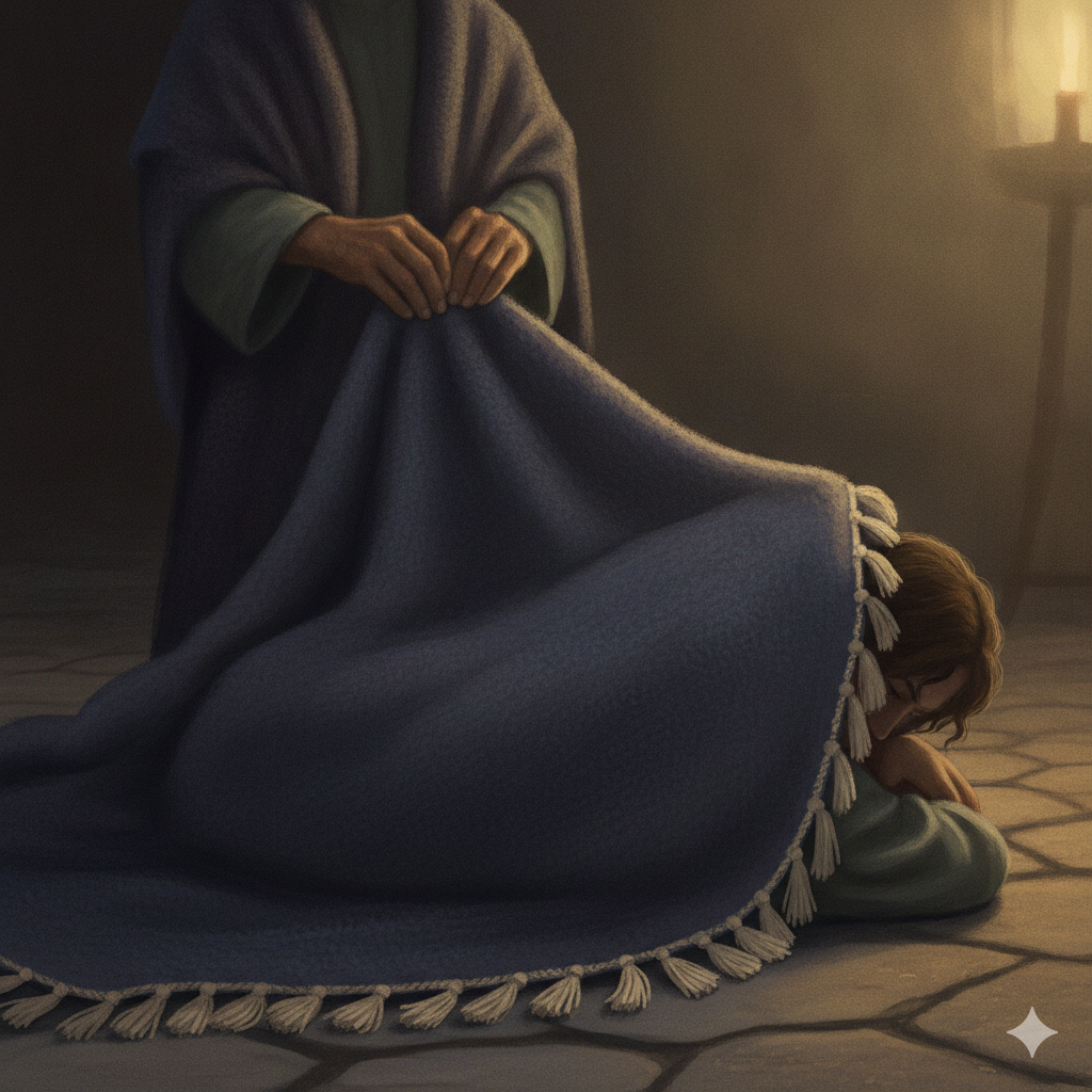 Weathered hands drawing the woven, tasseled corner of a large wool cloak over the shoulder of a person resting nearby in warm lamplight, faces unseen. The corner or hem of a garment, spread over someone as a sign of protection and belonging.