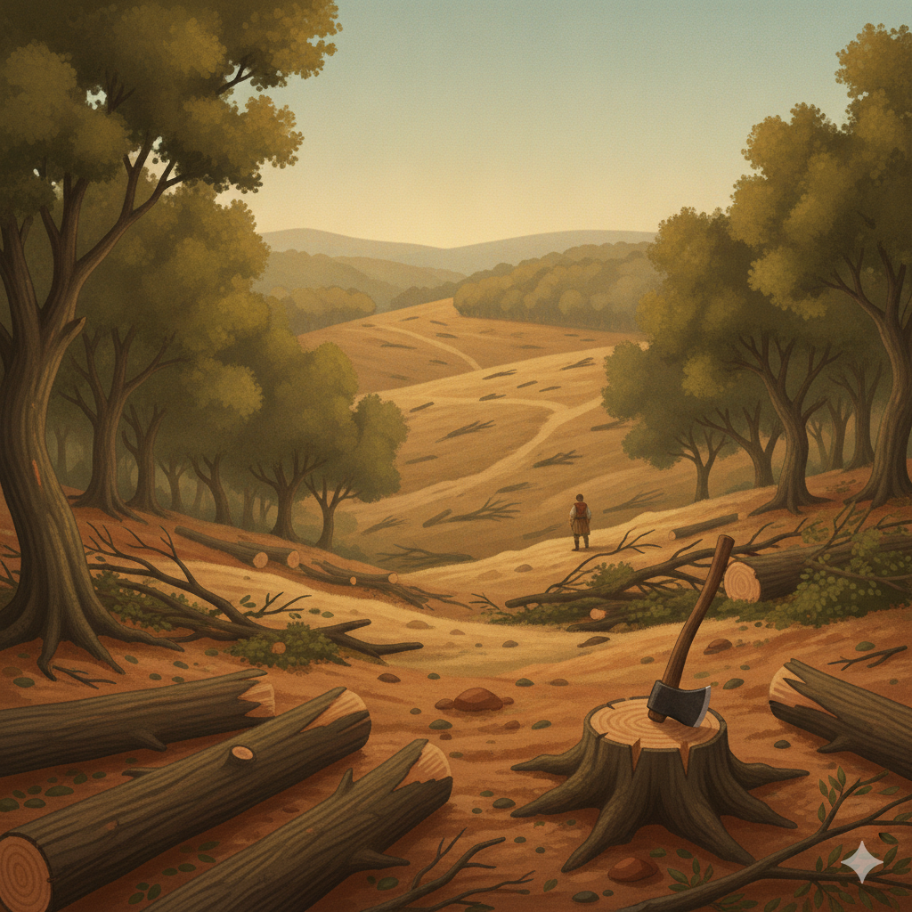 A wooded hillside partly cleared: freshly felled trunks and cut branches on opened earth with an iron hand-axe leaning against a stump, the remaining forest behind under warm afternoon light. This is the homonym meaning to clear land by cutting down its trees.