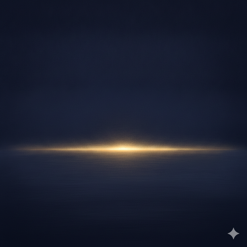 First light spreading in a low band of warm gold across the horizon over a vast, dark, still expanse of water, with deep darkness above. Creation is shown by its effect on the formless world rather than by any figure.