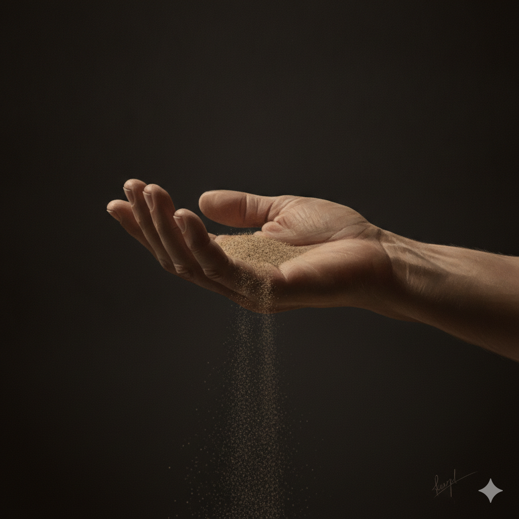 A single open, weathered older human hand, palm up, holding a little dry earth that sifts between the fingers in low warm light against a dark ground. Human life shown in its frailty and mortality, flesh as dust held for a moment.