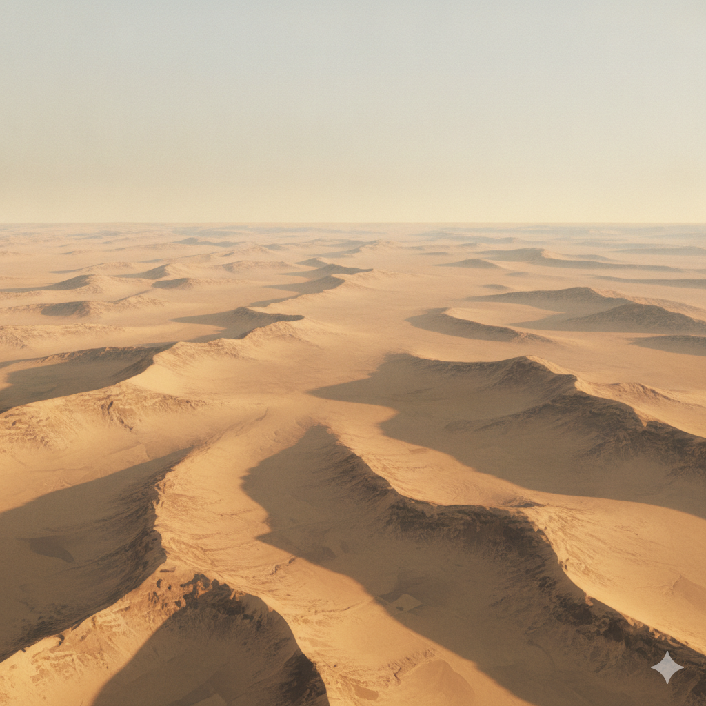 An immense, empty land stretching away to its most distant rim where the ground meets a vast pale sky, seen from high above to take in the whole reach of the world to its farthest corner, under low dawn light. The far edge or corner of the earth.