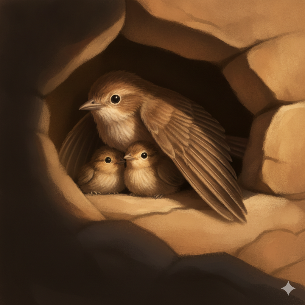 A small bird sheltering its young beneath its outstretched wing in a warm cleft of rock, the wing spread protectively over them in soft light. The image of finding refuge under the shadow of wings.