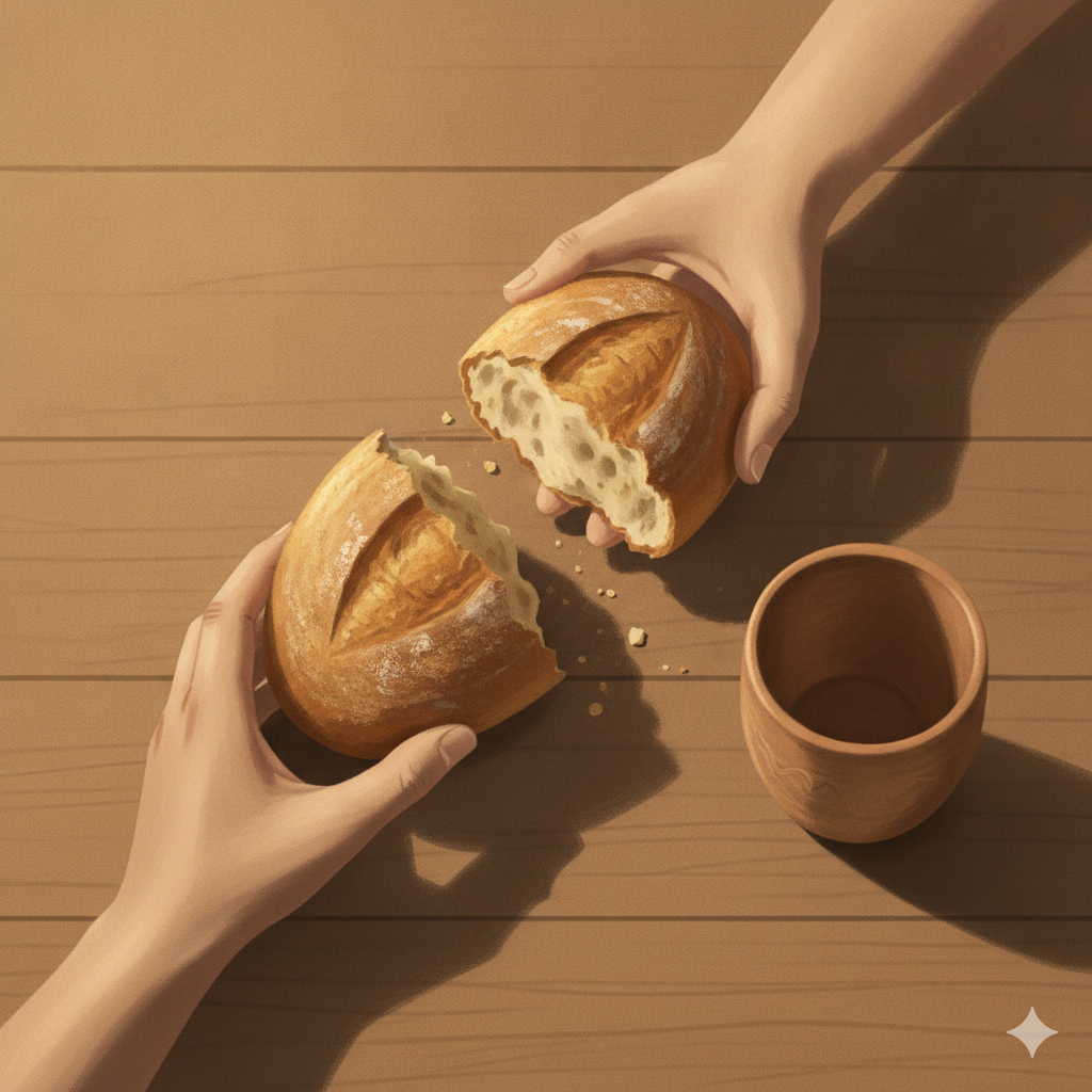 Open human hands offering a broken loaf of bread across a plain wooden table, a simple clay cup beside it, in warm light. Love shown as self-giving and shared, the bread broken to be given away.