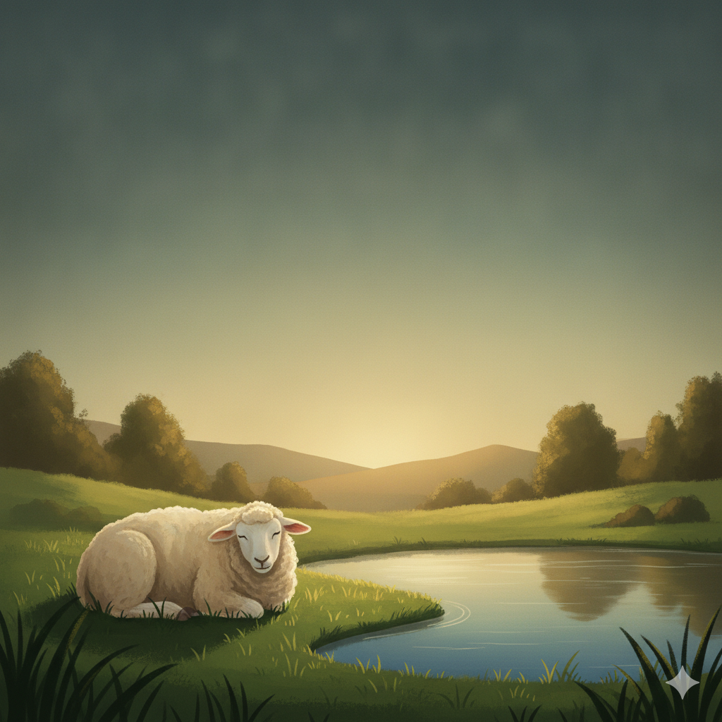 A single sheep lying down at rest on green grass beside calm, still water in warm evening light, the whole scene at ease. Peace shown as wholeness, safety and flourishing rather than only the absence of conflict.