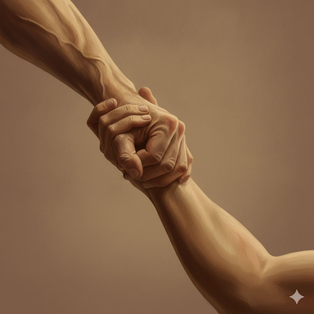 Two weathered human hands clasped firmly at the wrist, one holding fast to the other as if lifting it to safety, against a softly lit plain background. Loyal, steadfast love shown as a grip that does not let go.