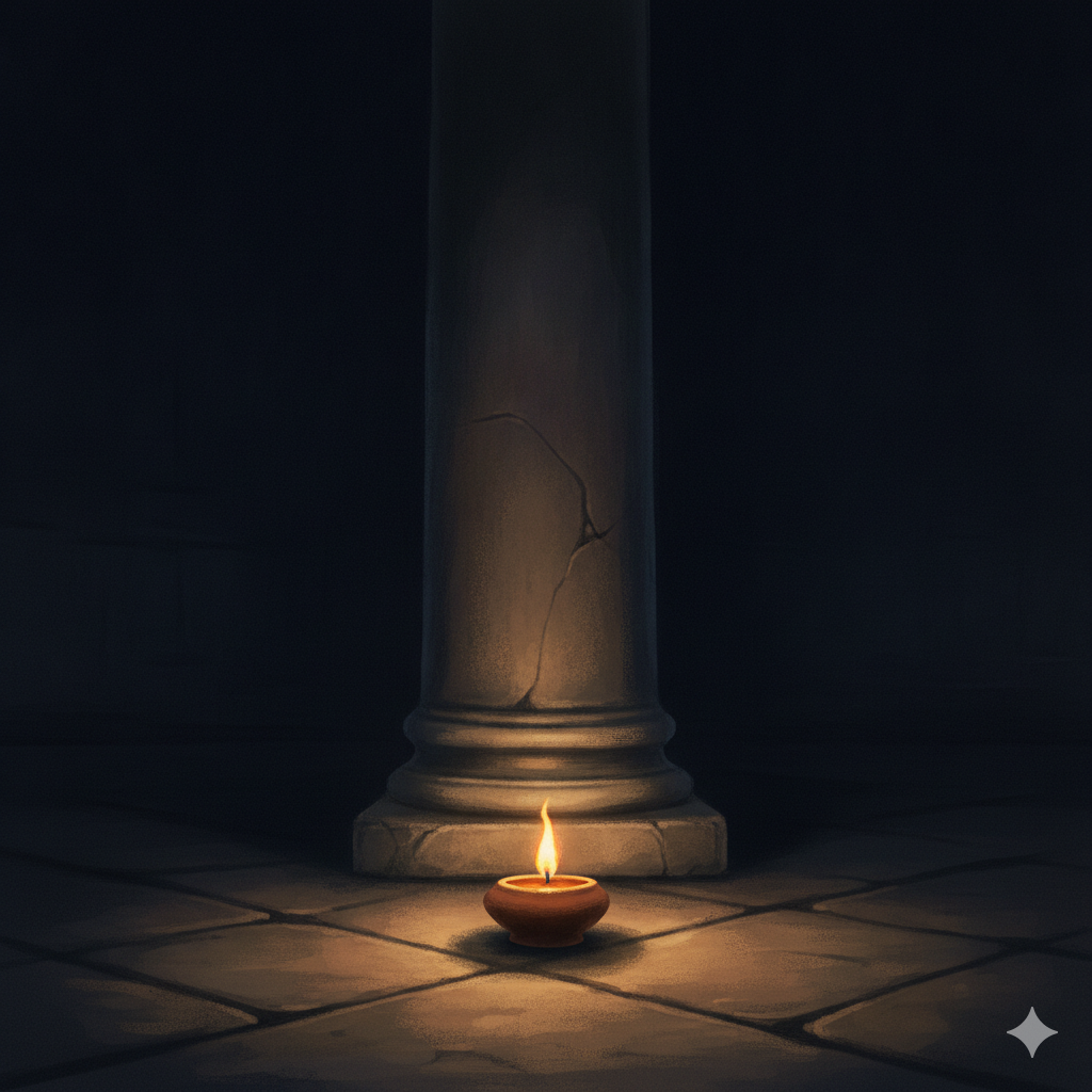 A single small clay oil lamp burning with one steady flame in a dark stone sanctuary at night, its warm light fading into surrounding shadow. An evocation of the word of God, rare and precious, kept like a lamp that has not gone out.