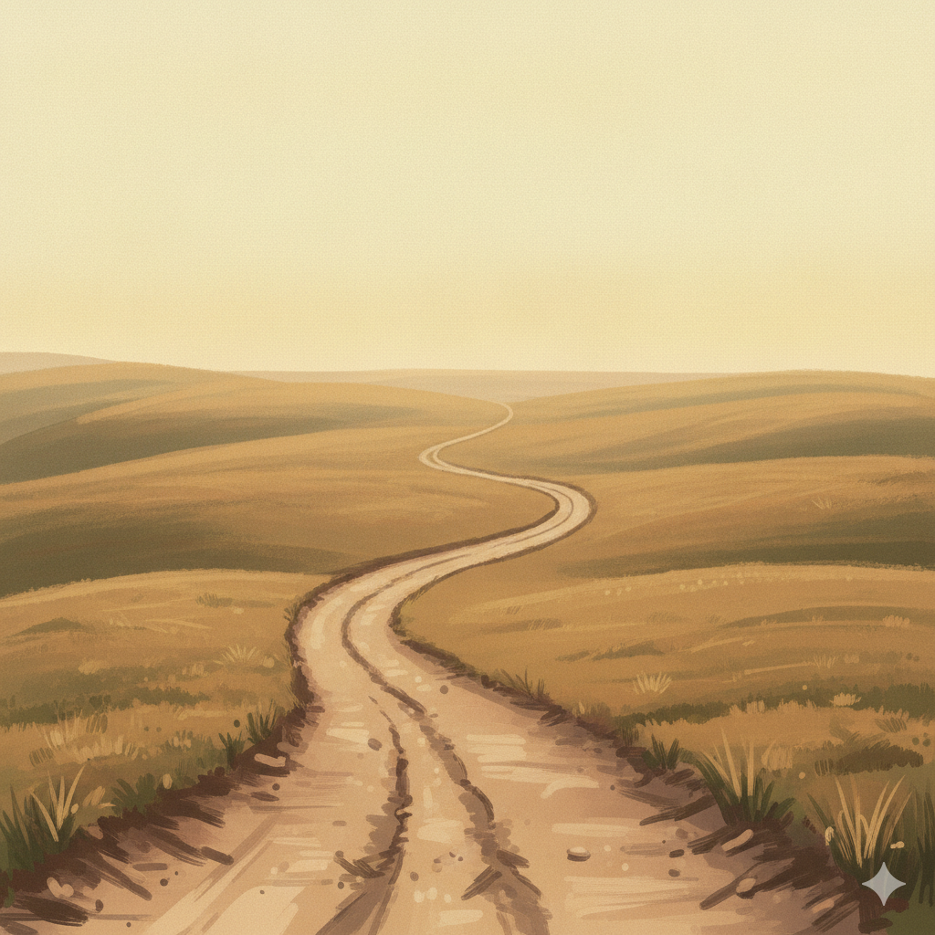 A worn dirt footpath winding across open, dry hill country toward a distant horizon at dawn, forking gently into two routes in the middle distance, with no people or signs. The road one travels, and by extension the course a life takes.